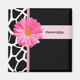 Trendy Black and White Giraffe Pink Daisy and Name Magneet