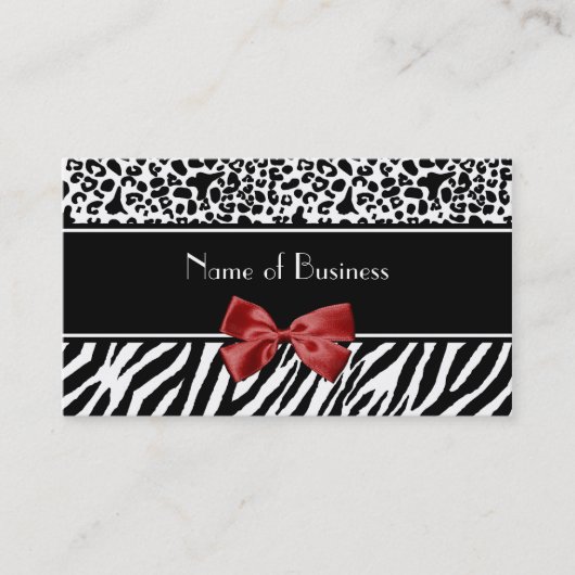 Trendy Black and White Leopard Zebra Red Ribbon Visitekaartje (Voorkant)