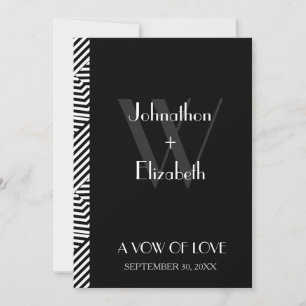 Trendy Black and White Monogram Stripes Wedding Kaart