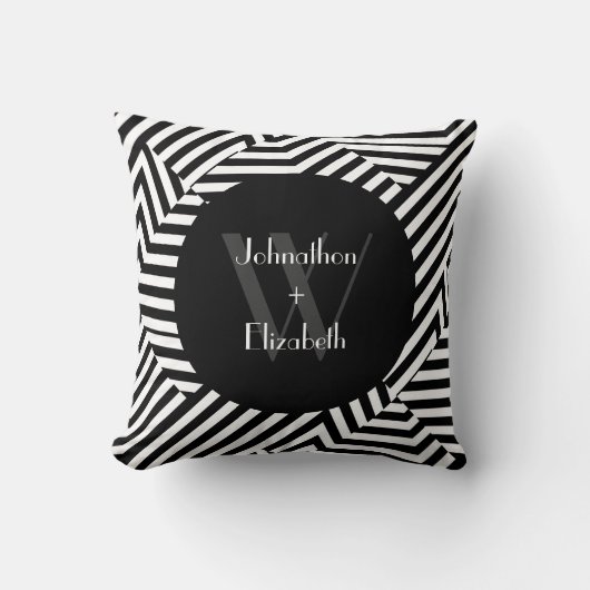 Trendy Black and White Monogram Stripes Wedding Kussen (Voorkant)