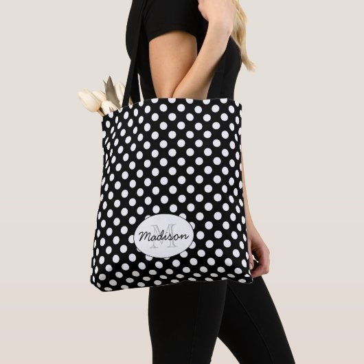 Trendy Black and White polka dots Monogram Tote Bag (Dichtbij)