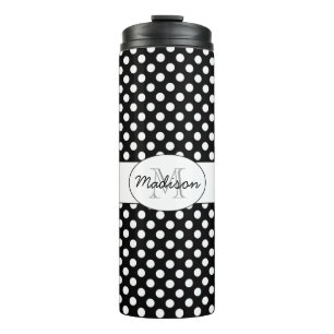 Trendy Black and White polka stips Monogram Thermosbeker
