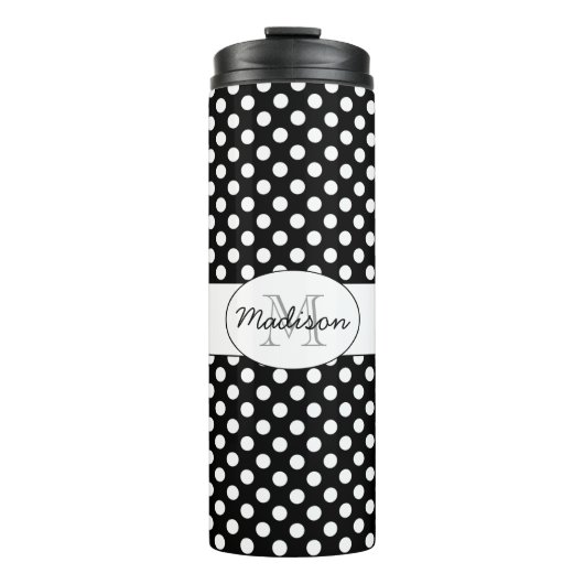 Trendy Black and White polka stips Monogram Thermosbeker (Voorkant)