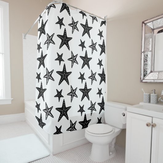 Trendy Black and White Starfish Pattern Douchegordijn (In situ)