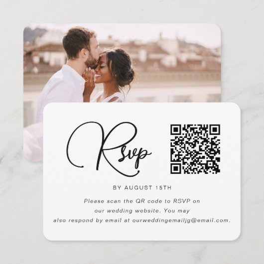 Trendy Black and White Wedding Photo RSVP QR Code Kaartje (Voorkant / Achterkant)