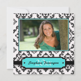 Trendy black aqua damask afstuderen fotoparty kaart