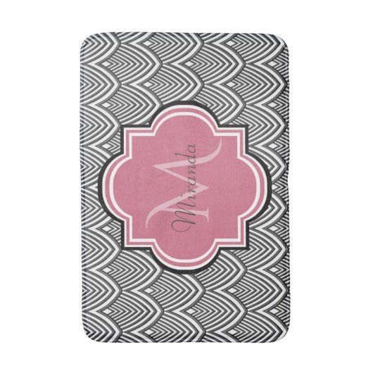 Trendy Black Arched Scallops Roze Monogram Naam Badmat (Voorkant Verticaal)