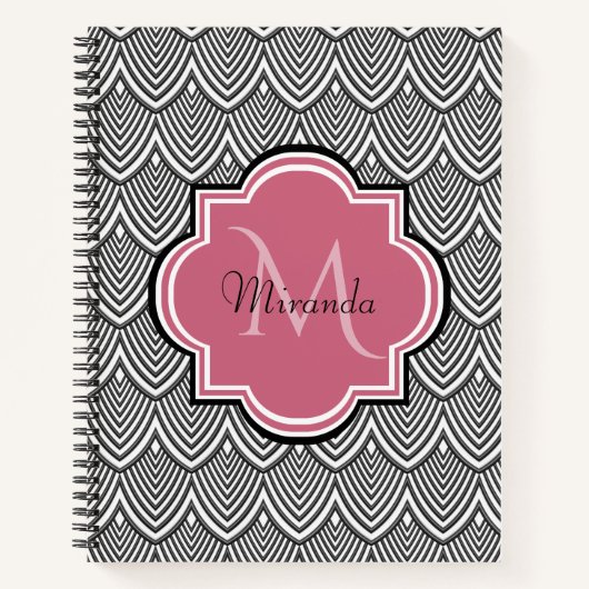 Trendy Black Arched Scallops Roze Monogram Naam Notitieboek (Voorkant)