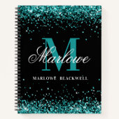 Trendy Black Blauwgroen Monogram Glitter Notitieboek (Voorkant)