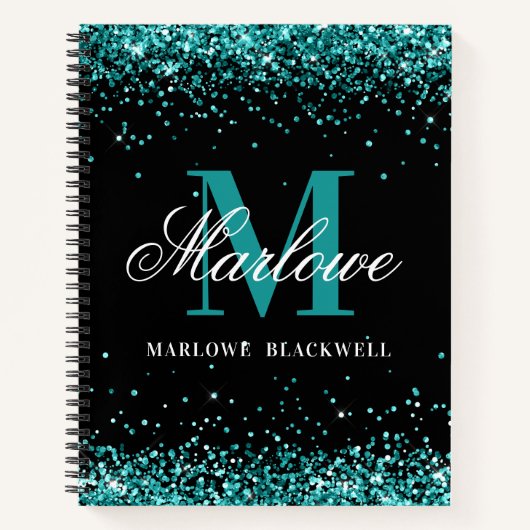Trendy Black Blauwgroen Monogram Glitter Notitieboek (Voorkant)