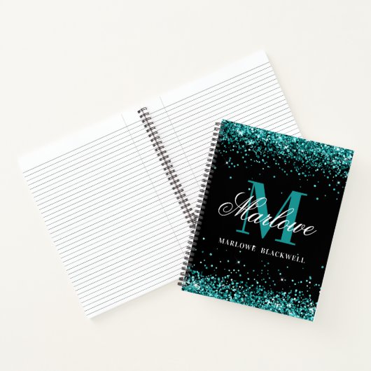 Trendy Black Blauwgroen Monogram Glitter Notitieboek (Binnen)