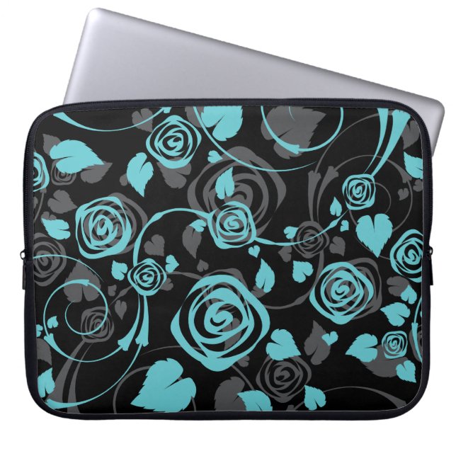Trendy Black & Blue Floral Roos laptophoes Laptop Sleeve (Voorkant)