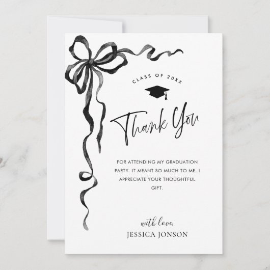 Trendy Black Bow Coquette FOTO Afstuderen Bedankkaart (Voorkant)