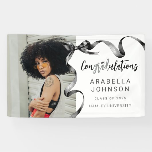 Trendy Black Bow Foto Afstuderen Spandoek (Horizontaal)