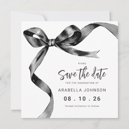 Trendy Black Bow Graduation Save The Date (Voorkant)