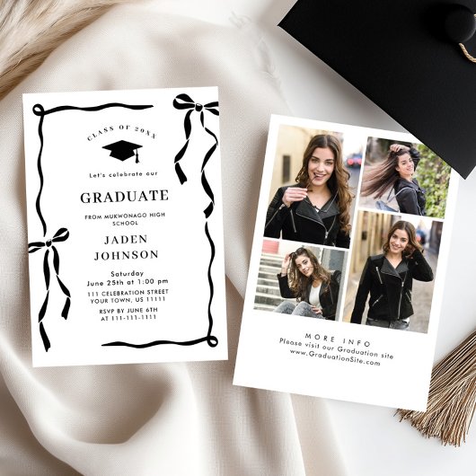 Trendy Black Bow Ribbon 4 PHOTO Graduation Party Kaart