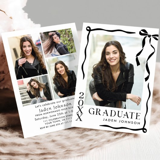 Trendy Black Bow Ribbon 5 PHOTO Graduation Party Kaart
