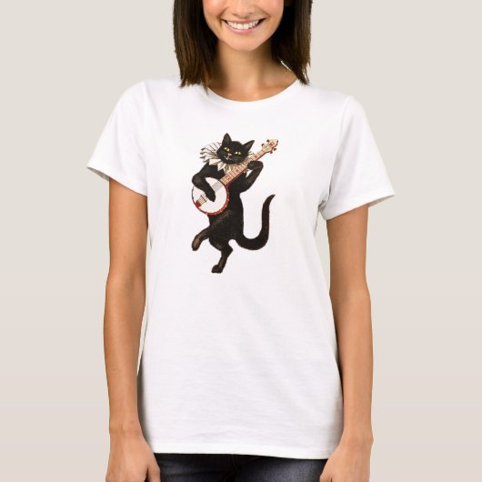 Trendy Black Cat die de banjo speelt T-shirt (Voorkant)