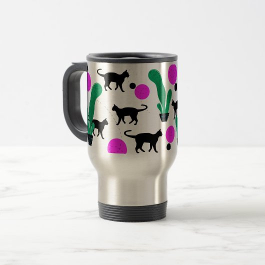 Trendy Black Cat en Cactus Pattern Reisbeker (Voorkant links)