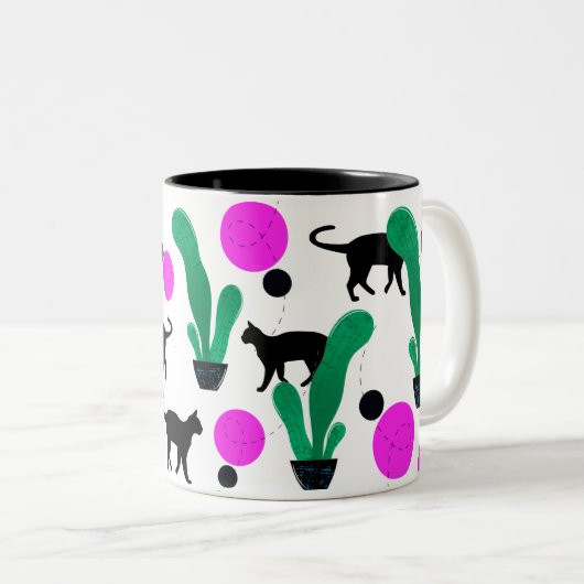 Trendy Black Cat en Cactus Pattern Tweekleurige Koffiemok (Voorkant rechts)