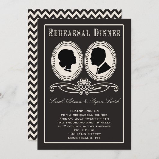 Trendy Black Chevron & Script Rehearsal Dinner Kaart (Voorkant / Achterkant)
