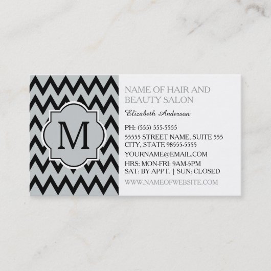Trendy Black Chevron Zigzag Monogram Haarstylist Visitekaartje (Voorkant)