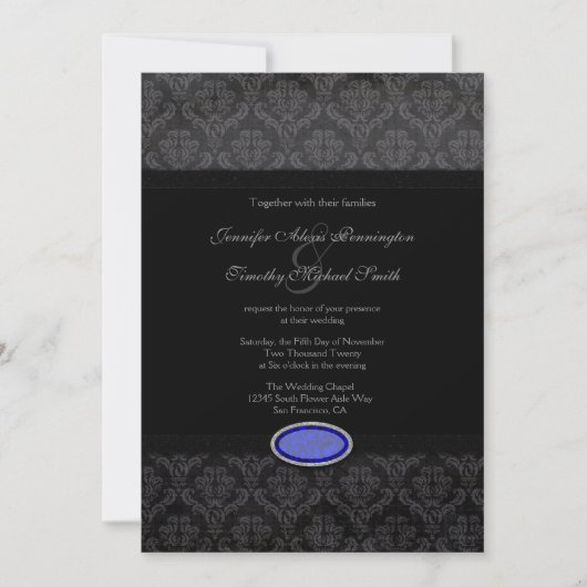Trendy Black damask blue jewel bruiloft Kaart (Voorkant)