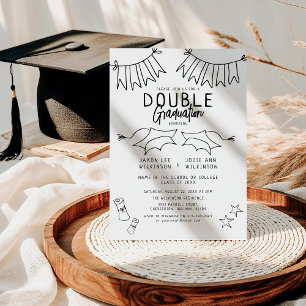 Trendy Black Doodle Double Graduation Party Kaart