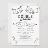 Trendy Black Doodle Double Graduation Party Kaart (Voorkant)
