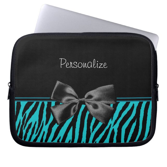 Trendy Black en Blauwgroen Zebra afdrukken met lin Laptop Sleeve (Voorkant)