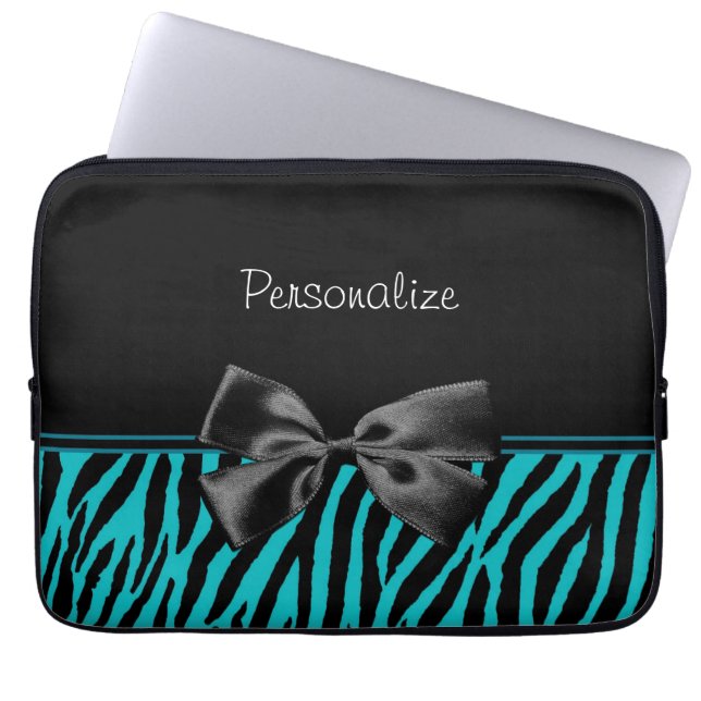 Trendy Black en Blauwgroen Zebra afdrukken met lin Laptop Sleeve (Voorkant)