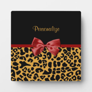 Trendy Black en Gold Leopard Print Red Ribbon Bow Fotoplaat