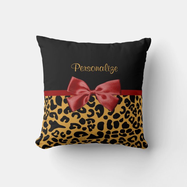 Trendy Black en Gold Leopard Print Red Ribbon Bow Kussen (Voorkant)