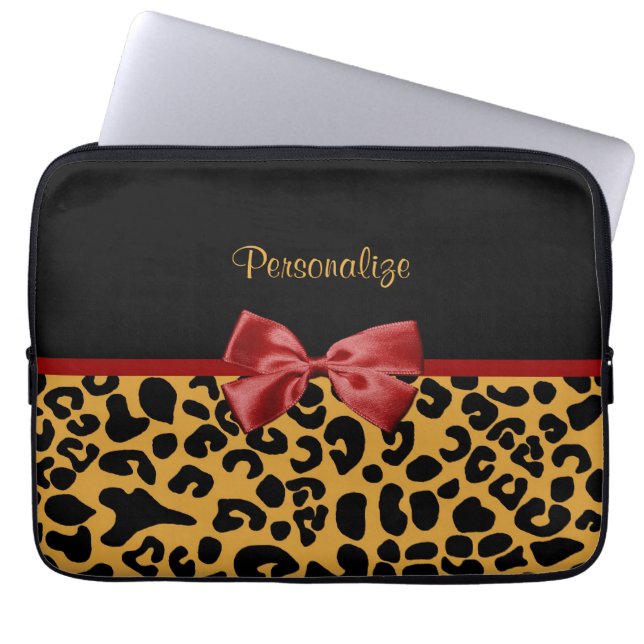 Trendy Black en Gold Leopard Print Red Ribbon Bow Laptop Sleeve (Voorkant)