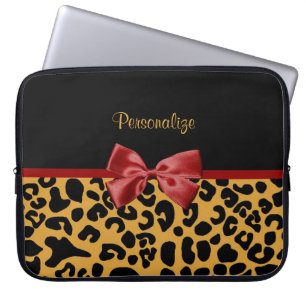 Trendy Black en Gold Leopard Print Red Ribbon Bow Laptop Sleeve