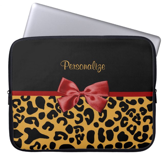 Trendy Black en Gold Leopard Print Red Ribbon Bow Laptop Sleeve (Voorkant)