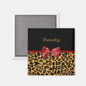 Trendy Black en Gold Leopard Print Red Ribbon Bow Magneet (Voorkant / Achterkant)