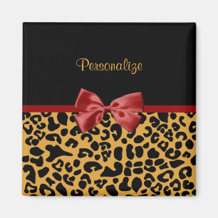Trendy Black en Gold Leopard Print Red Ribbon Bow Magneet