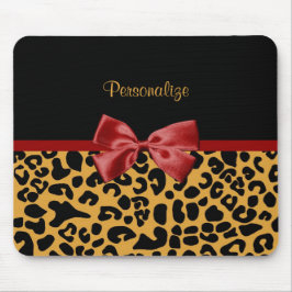 Trendy Black en Gold Leopard Print Red Ribbon Bow Muismat