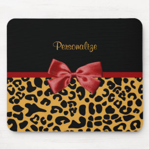 Trendy Black en Gold Leopard Print Red Ribbon Bow Muismat