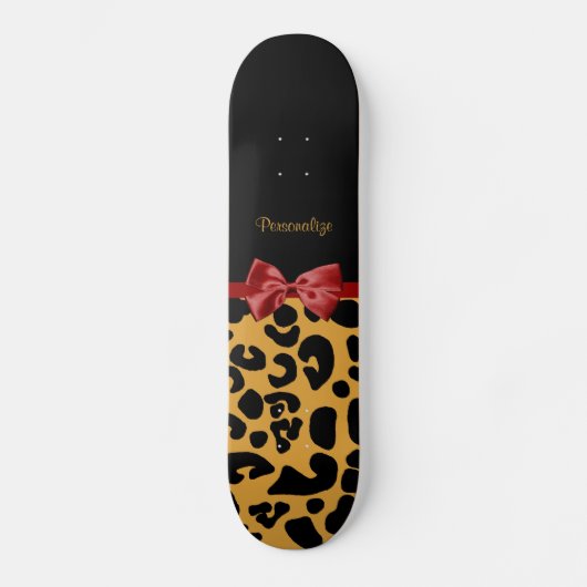 Trendy Black en Gold Leopard Print Red Ribbon Bow Persoonlijk Skateboard (Voorkant)