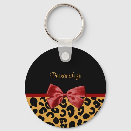 Trendy Black en Gold Leopard Print Red Ribbon Bow Sleutelhanger (Voorkant)