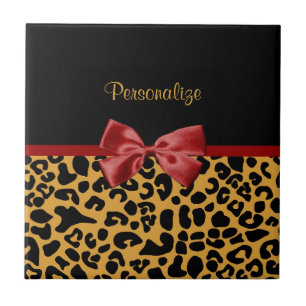 Trendy Black en Gold Leopard Print Red Ribbon Bow Tegeltje