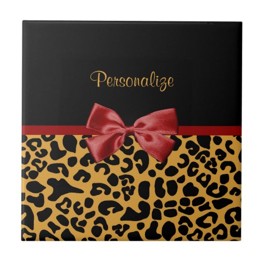 Trendy Black en Gold Leopard Print Red Ribbon Bow Tegeltje (Voorkant)