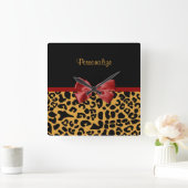 Trendy Black en Gold Leopard Print Red Ribbon Bow Vierkante Klok (Huis)