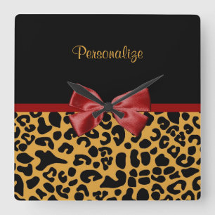 Trendy Black en Gold Leopard Print Red Ribbon Bow Vierkante Klok