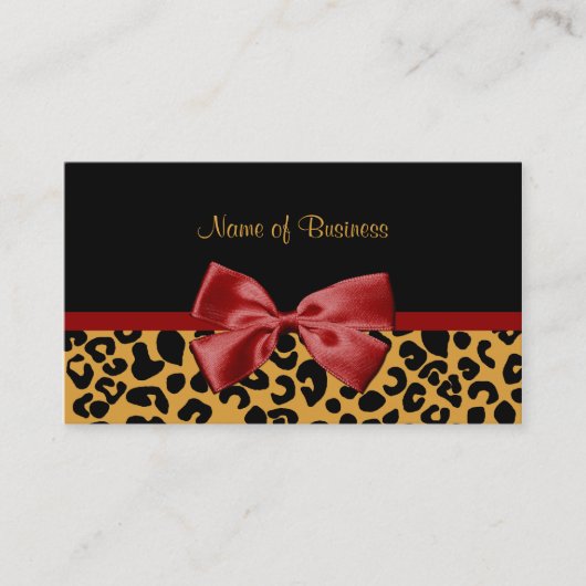 Trendy Black en Gold Leopard Print Red Ribbon Visitekaartje (Voorkant)