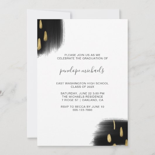 Trendy Black en Gold Splashes Graduation Party Kaart (Achterkant)