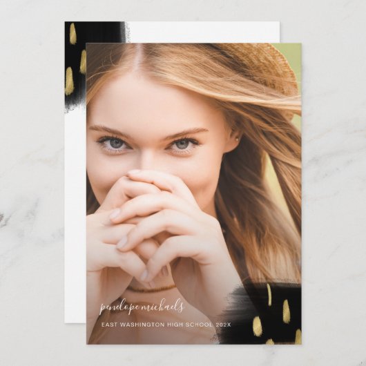 Trendy Black en Gold Splashes Graduation Party Kaart (Voorkant / Achterkant)