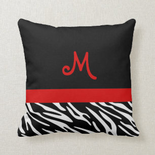Trendy Black en Red Zebra Stripe Monogram Kussens
